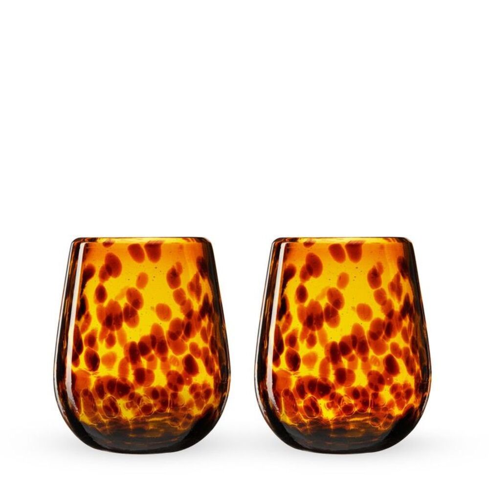 Segunda Vida Hand Blown Recycled Stemless Wine Glasses Amber 13oz Set/2